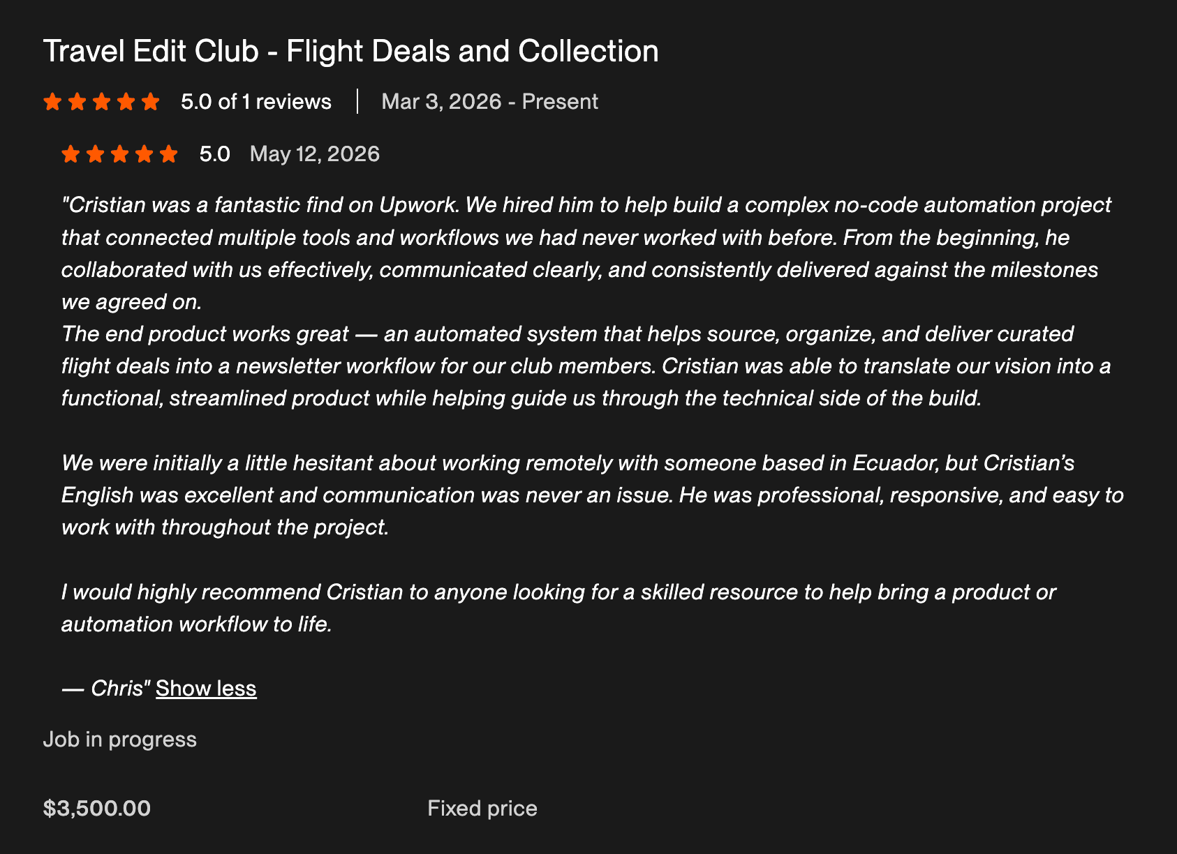 Upwork work history — Travel Edit Club, 5.0 rating, $3,500 fixed price